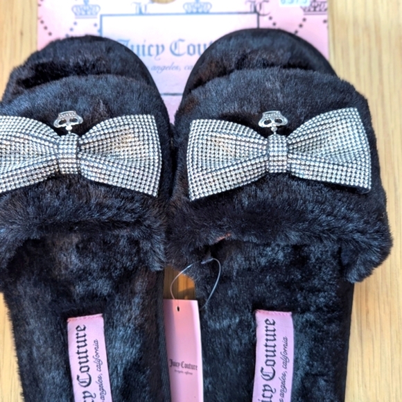 BNWT Juicy Couture Womens (6.5/7.5) Furry Slide-In Slippers With Bow And Crown - Picture 4 of 9